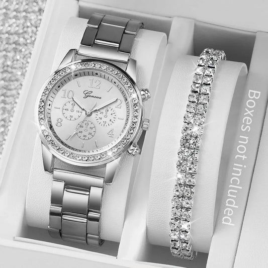 Fashion Women Stainless Steel Silver Color Quartz Watch with Diamond Bracelet