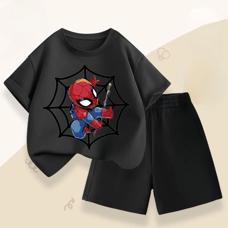 2026 Marvel Boys Casual Outfits Children Breathable T Shirt Shorts Two Piece Set Summer Kids Cartoon Print Sport Clothing Suit