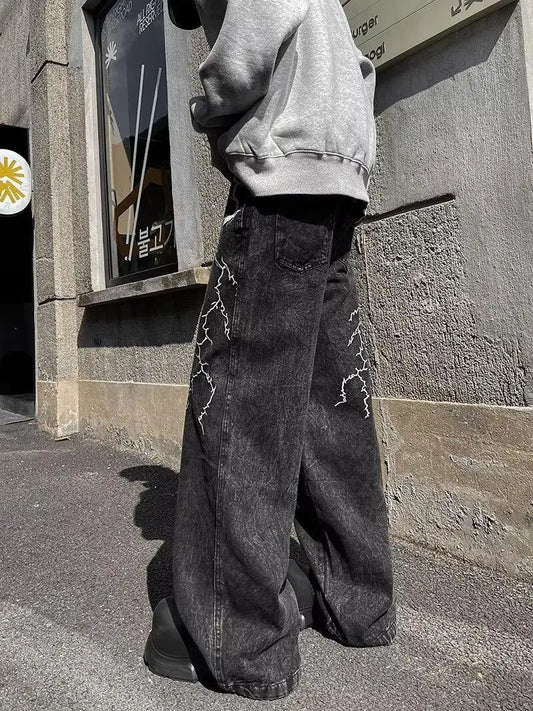Retro Street Design Thorn Embroidery Niche Versatile Loose Straight Jeans 's Casual Pants (Button Holes Not Opened At Waist)