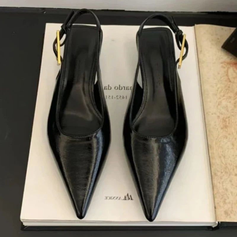 Sexy Pointed Toe Mid Heels Sandals Women Shoes Slingback Summer 2025 Trend Dress Leather Pumps New Elegant Party