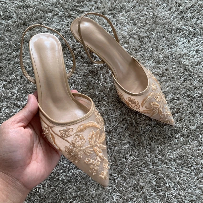 Fashion Sandals Women String Bead High Heels Mules Shoes Pointed Toe Slingback Slippers Women Zapatos De Mujer