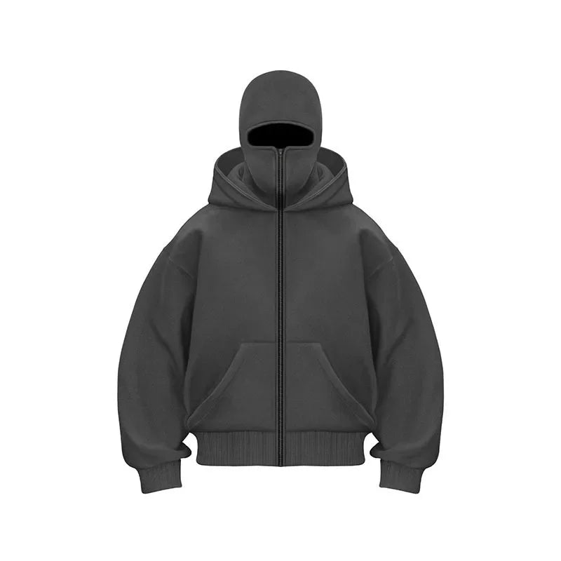 Men's Double Hat Mask Zipper Design Winter Windproof Hoodie Sports Jacket Outdoor Activities Hiking Travel Running Sweatshirt 
