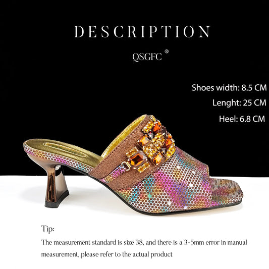 Mature Style Colorful Rhinestone Metal Design Strange High Heel Style Peep Toe Shoes and Bag Set for Party Wedding