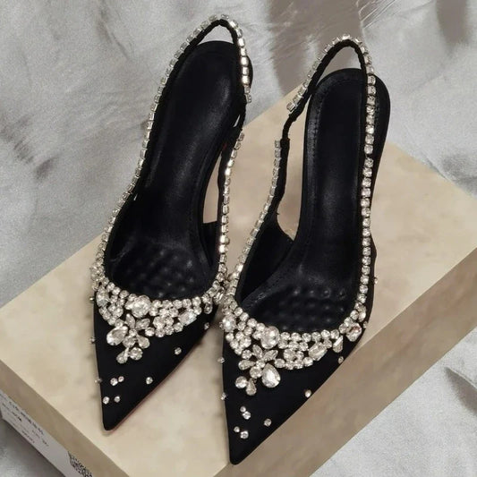 Luxury Diamonds Designer High Heels Women Satin Pointy Toe Pumps Rhinestone Sandals Female Shiny Sexy Wedding Dress Party Shoes