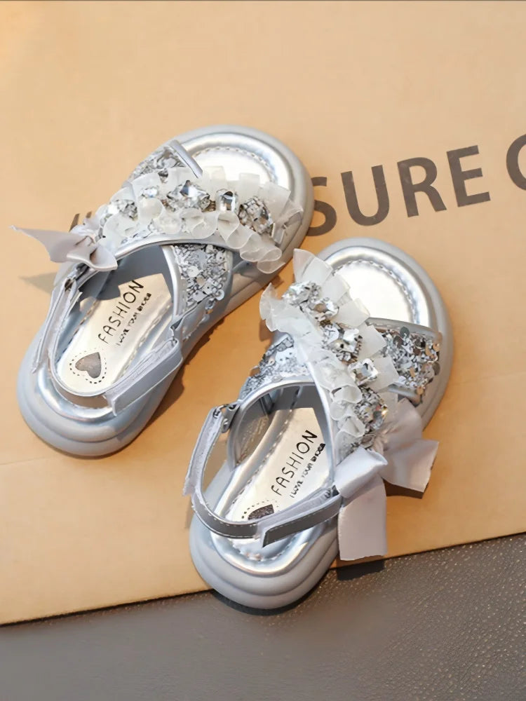 Kids Casual Shoes Fashion Sandals PU Leather Crystal Sequin Summer Shoes For Girls Breathable Silver Shoes Size 26-37