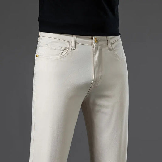2024 New Men's Khaki White Cotton Stretch Slim Smart Jeans Casual Straight Business Fashion Beige Brand Denim Trousers