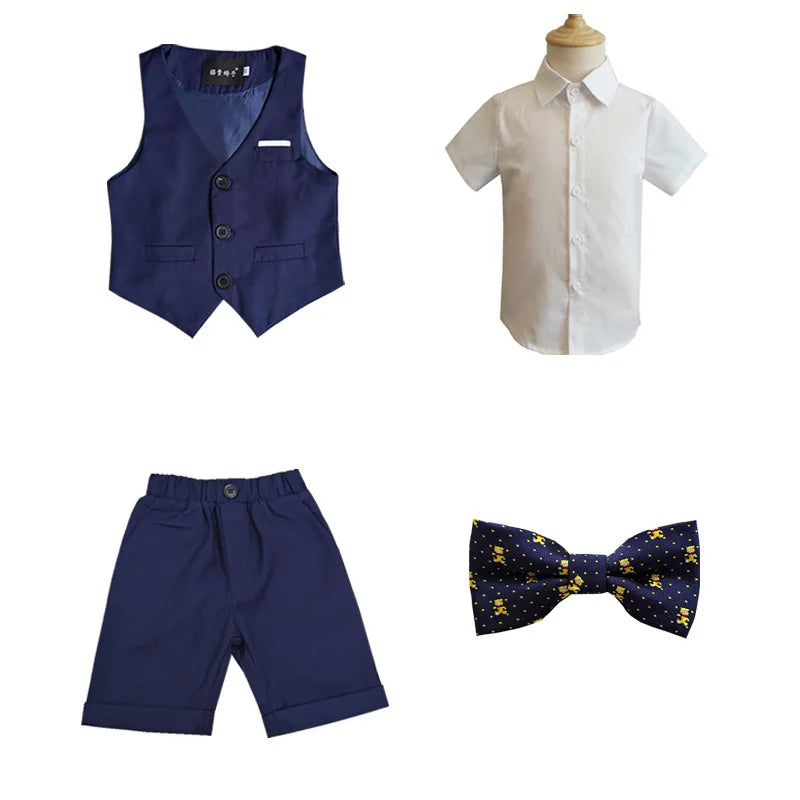 Boys Formal Birthday Photograph Suit Kids Summer Vest Shirt Short Bowtie Wedding Dress Teenager Suit Children Graduation Costume