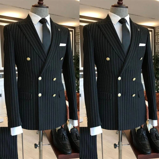 2 Piece Black Striped Men's Suit Set Golden double breasted Lapel Jacket Elastic Pants Wedding Part Prom Dinner Wrok Travel