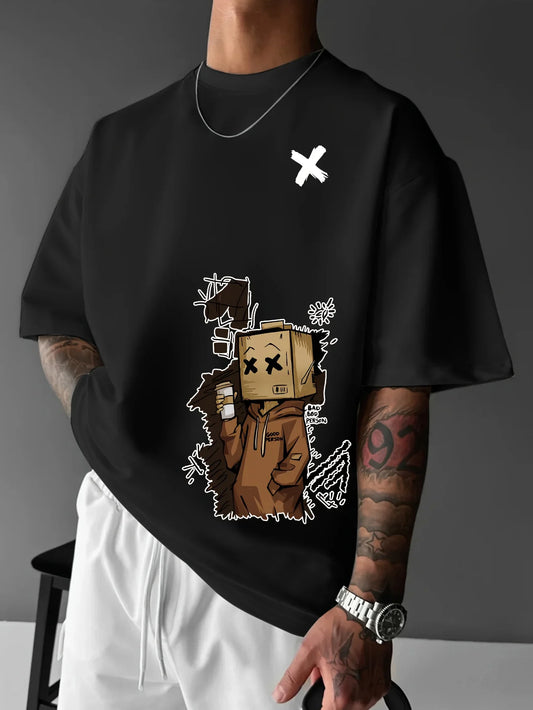 European and American Summer Men's Fashion Cartoon Graffiti Printed Comfortable Breathable Round Neck T-shirt Outdoor Street Top