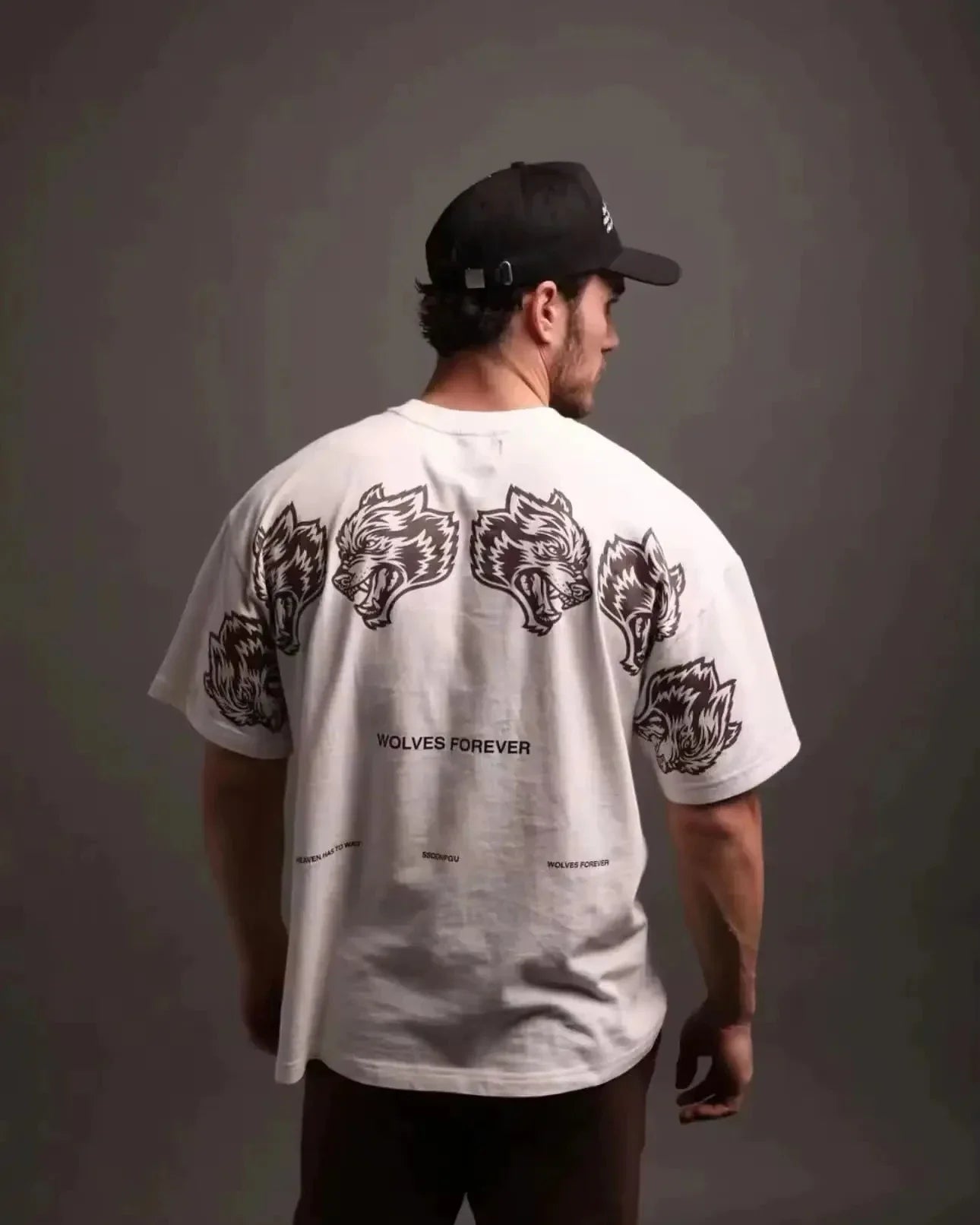 Summer Fitness 100% Pure Cotton Breathable Round Neck T-shirt Gym Wolf Letter Print Men's Casual Loose Short Sleeved Shirt
