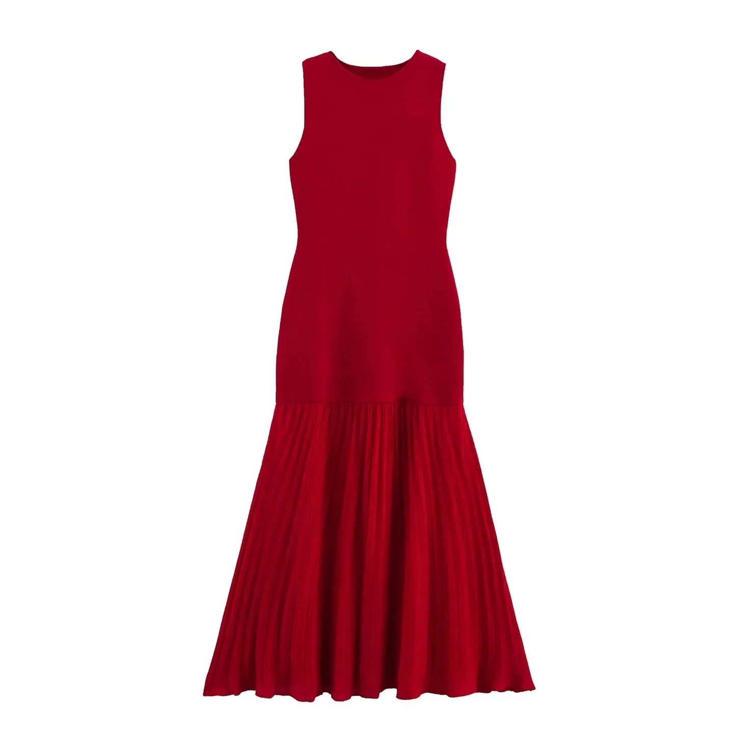 Spring Summer New Women's Dress Pleated Patchwork Simple Temperament Knitted Sleeveless Long Dresses for Women 2025