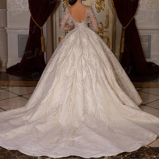 Beaded Sexy Bride Dresses Vestidos De Novia Luxury Hand Beaded Long Sleeve Wedding Dress Ball Gown Long Chapel Train