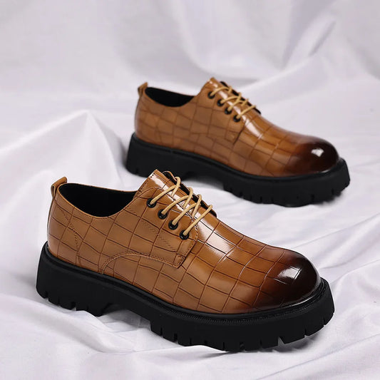 Business Formal Big Head Leather Shoes Men Spring Autumn Fashion Platform Shoes Male Lace Designer Stone Pattern Dress Shoes Man