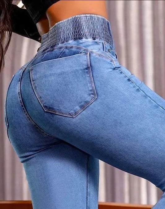 Bottom Back Shirred Button Front High Waist Jeans