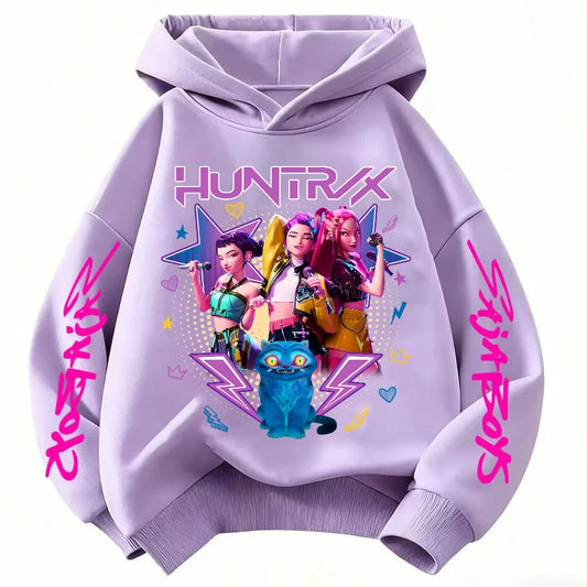 2026 KPop Demon Hunter Cartoon Girls Boy Hooded Sweatshirt Warm Children's Korean Wave Fashion Casual Tops Casual Girls Clothing