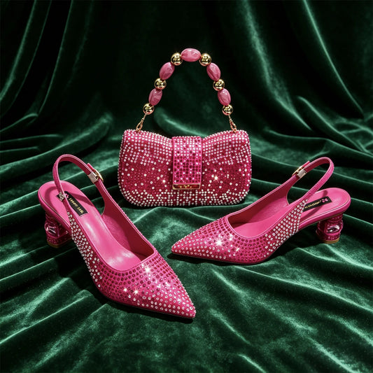Hot Fuchsia Full Rhinestone Slingback Heels Matching Clutch Bag Set Women Luxury Crystal Pointed Shoes for Wedding Evening Party