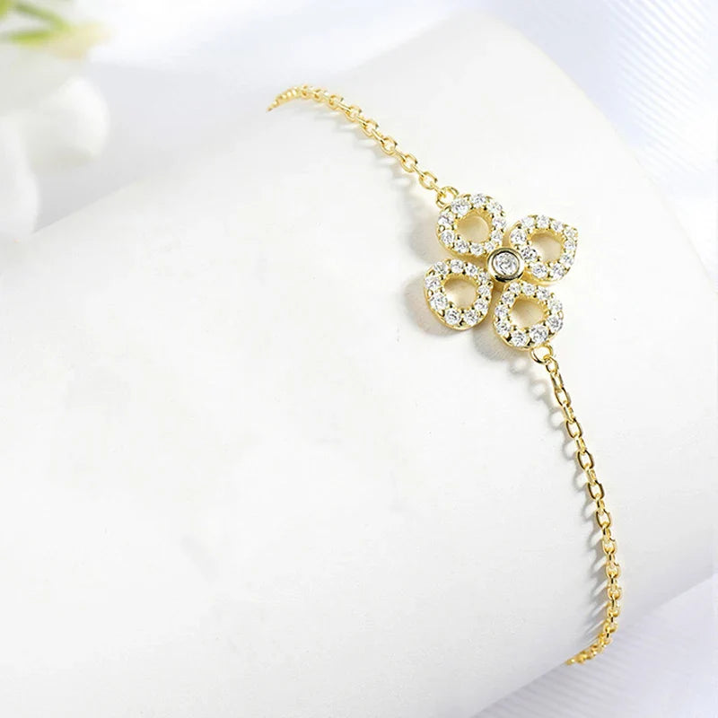 Adjustable Flower Moissanite Bracelets for Women Certified Sparkling 18k Plated Ear Jewelry 100% 925 Sterling Silver