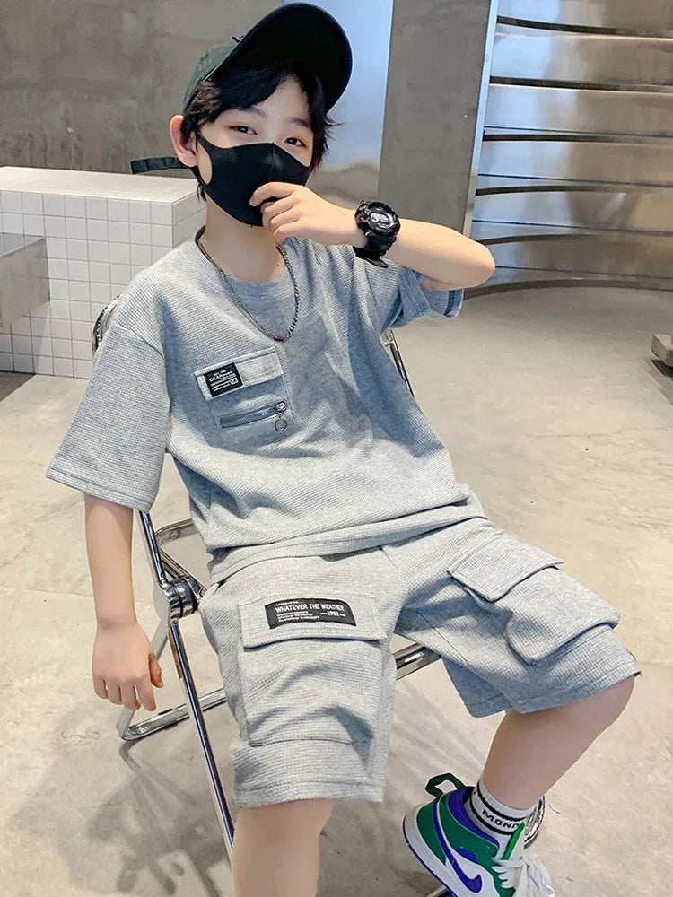Summer Kids Boys T-Shirt+Shorts 2-Piece Set Letter Printing New Children Teen Loose Comfortable Sports Casual Clothes For 4-14 Y