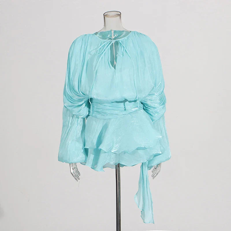 Solid Loose Splicd Lace Up Dresses For Women V Neck Long Sleeves Patchwork Ruffles Tunic Dreses Female Fashio New