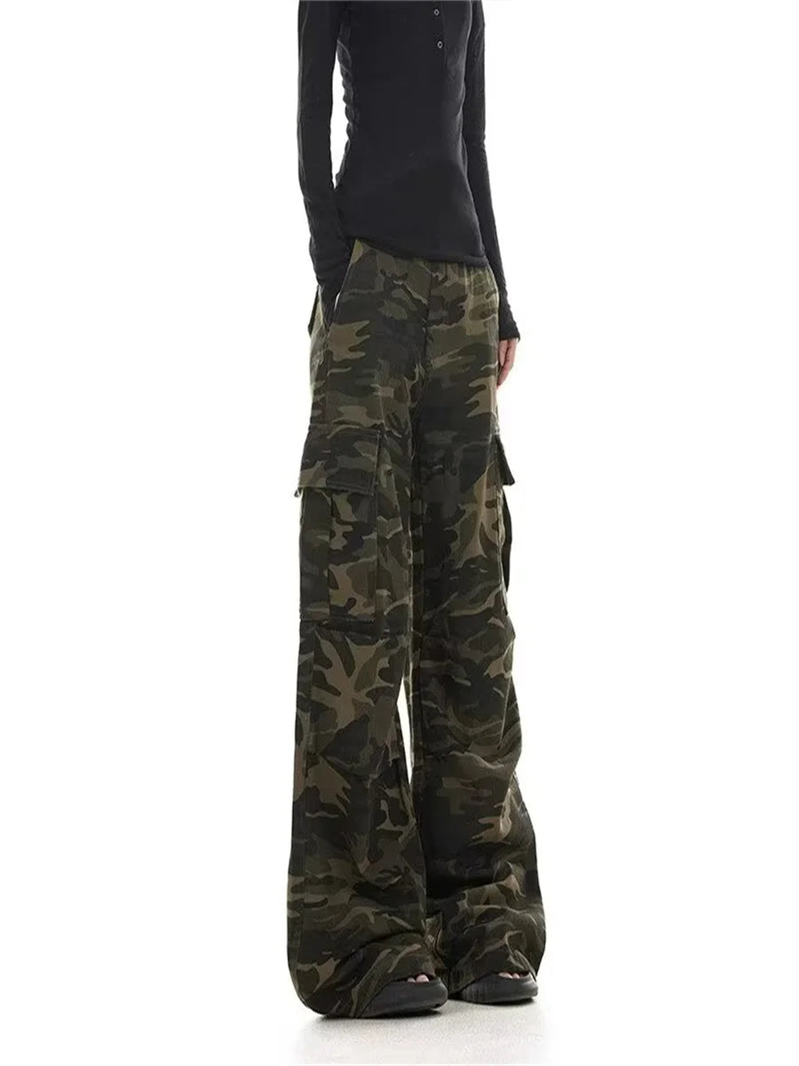 American retro washed design camouflage work pants for men and women, loose straight leg multi pocket wide leg casual paratroope