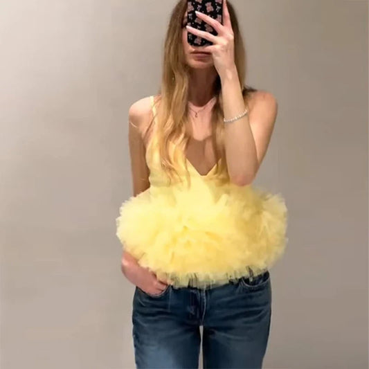 Yellow Puffy Mesh Tops for Women Strap Ruffle Crop Top Woman Sexy Backless Tulle Top Female Summer Camisole Mini Top Women
