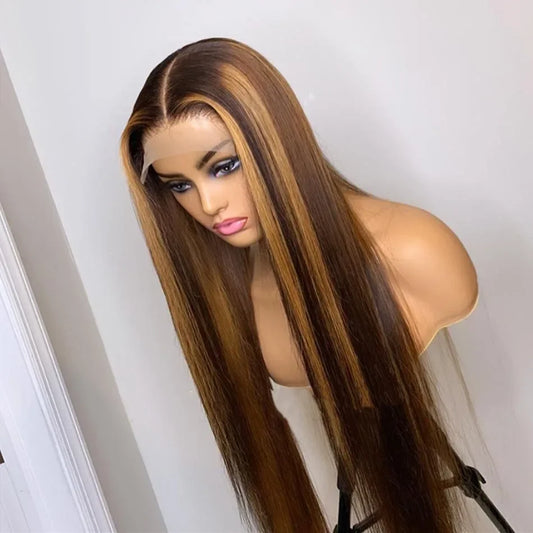Brown P4/27 Straight 13x4 Lace Frontal Human Hair Wigs Brazilian Highlight Colored Lace Front Wig For Women 28 30 32 34 36 Inch