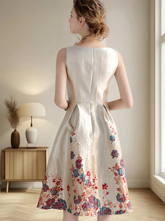 Luxury Women Fashion High Quality Jacquard A Line Ball Gowns Sleeveless Summer Casual Clothing Midi Femme Party Dressses