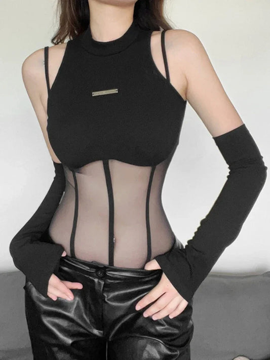 Black Bodysuit Lingerie Sexy Body Feminino See Through Corset Top Women Rave Outfit Mesh Patchwork One-Pieces Lenceria Femenina