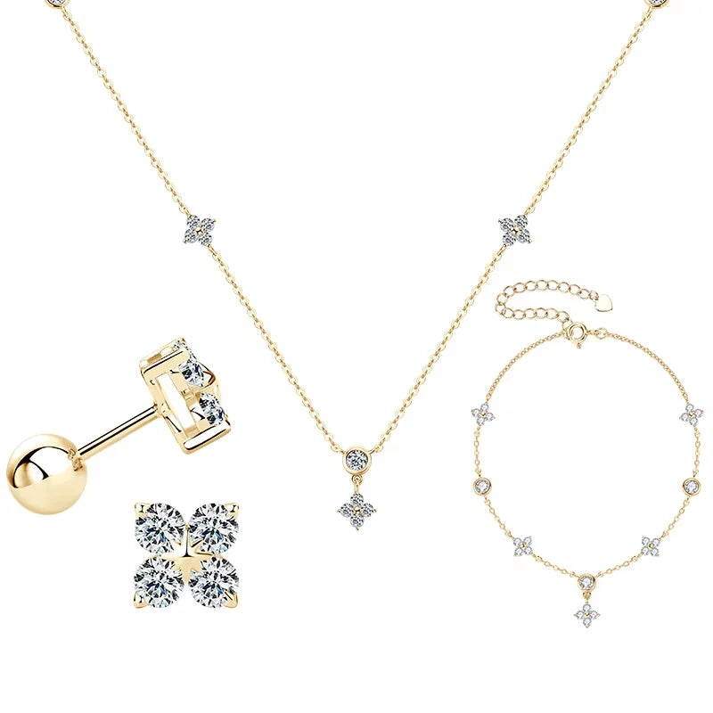 Moissanite Necklace Bracelet Earring 925 Sterling Silver Four Leaf Flower Pendant Moissanites Jewelry Set For Wedding Gift