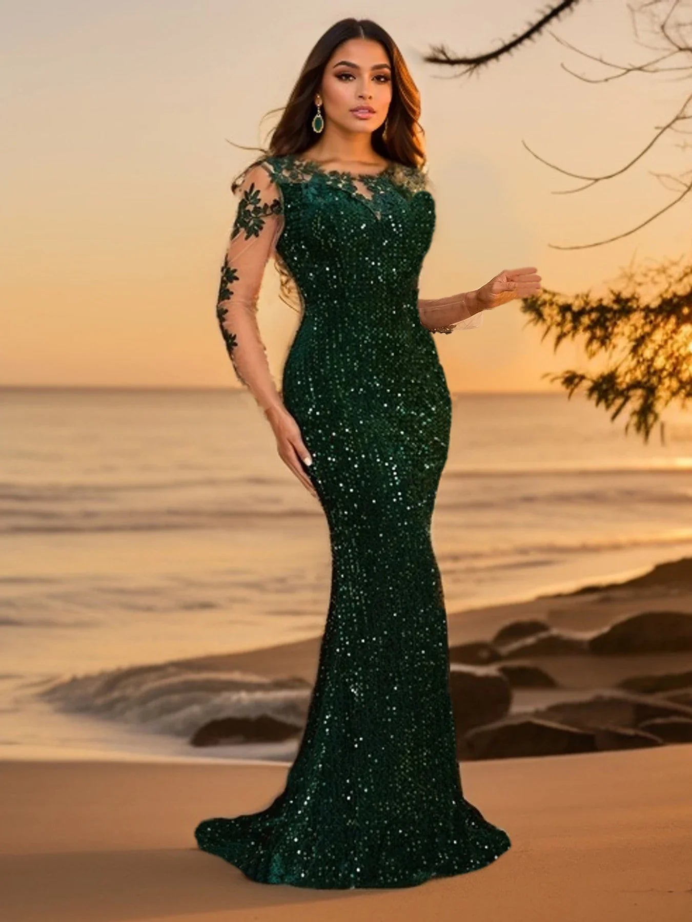 O Neck Long Sleeve With Flowers Sequin Evening Party Dress Elegant Women Sexy Backless Formal Prom Dresses