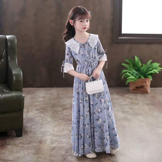 Long Floral Princess Party Dress for Girls 5-16Y Summer Elegant Bohemian Chiffon Maxi Dresses Teenage Girl Holiday Clothes 13 14