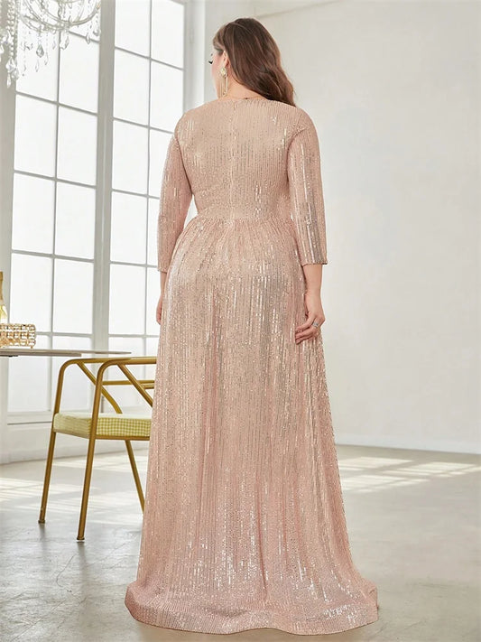 Plus Size Luxury V Neck Long Sleeves Blue Sequins Formal Evening Dresses Women 2025 Wedding Party Prom Maxi Cocktail Dress Gowns