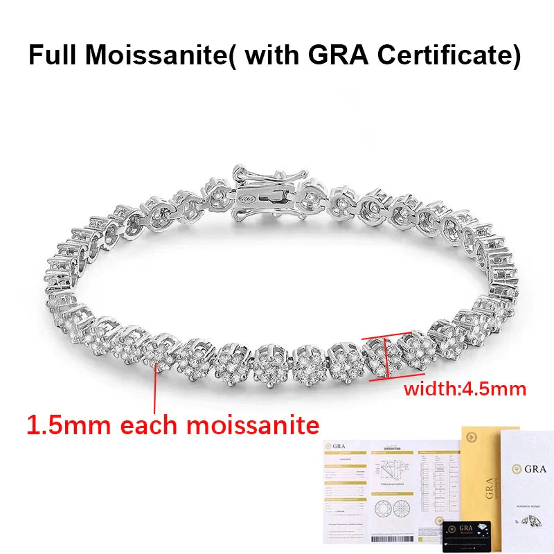 Flower Full Moissanite Tennis Bracelets 925 Sterling Silver D Color Lab Diamond for Women Hand Chain Gift Fine Jewelry GRA