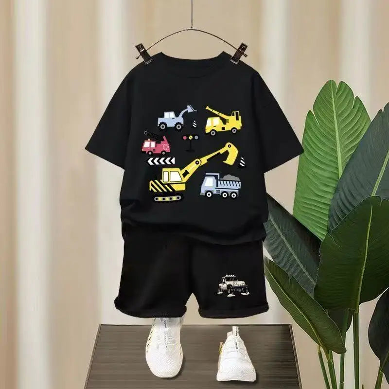 Summer Baby Girl Boy Clothes Set Children Excavator Cartoon Printing T-shirt and Short 2 Pieces Suit Kid Shorts Sleeve Tracksuit