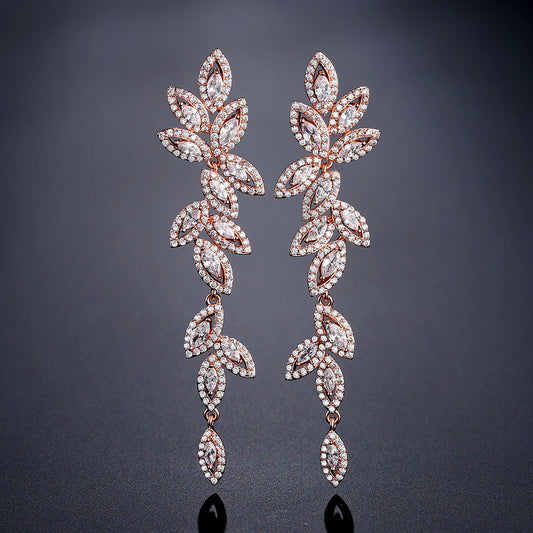 Luxury Polish Best Selling Leaf CZ Long Drop Earrings for Women Elegant AAA Zircon Bridal Earring Wedding Party Jewelry