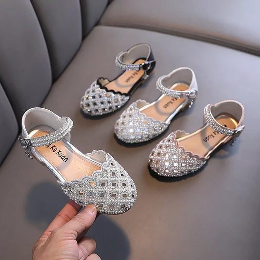 Summer Girl's Sandals Sliver Pink Diamante Luxury Hollow-out Kids Sliders Hook-loop Round Toe Glitter Stylish Children Shoe26-36