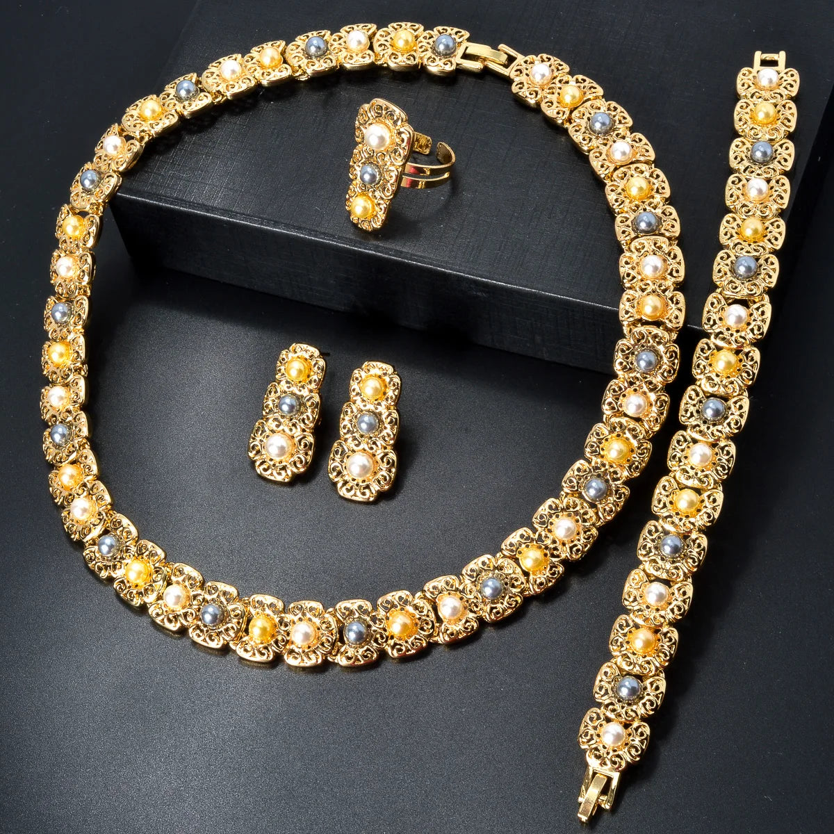 Dubai Luxury Quality Jewelry Set For Women Trend Pearl Necklace Bracelet Ring Earrings Jewelry Set 18k Gold Plated Jewelry