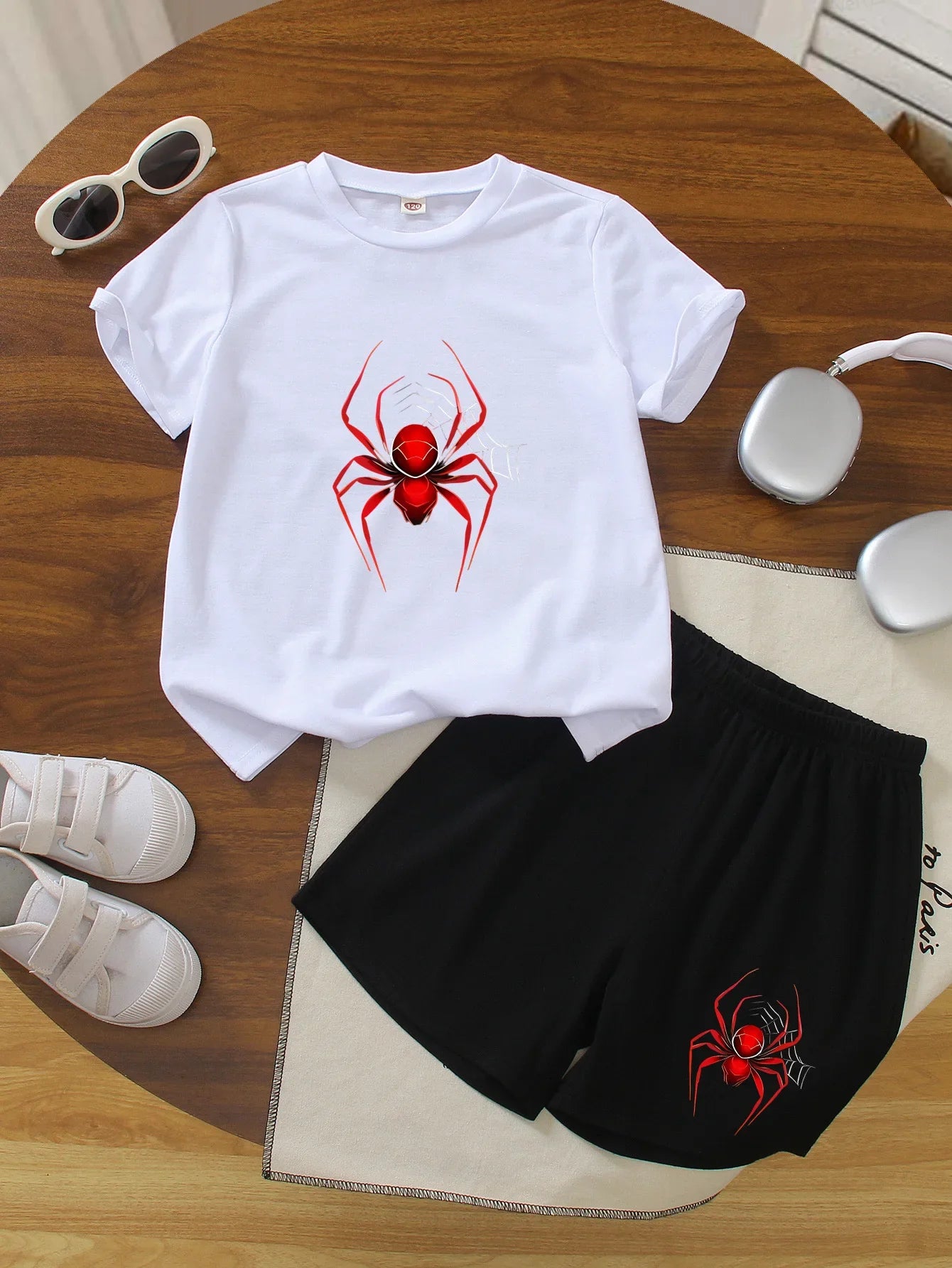 Children's Summer Set - Short-Sleeved Shorts Spider Print T-Shirt. Perfect Daily Wear Versatile Occasions. Ideal Birthday Gift