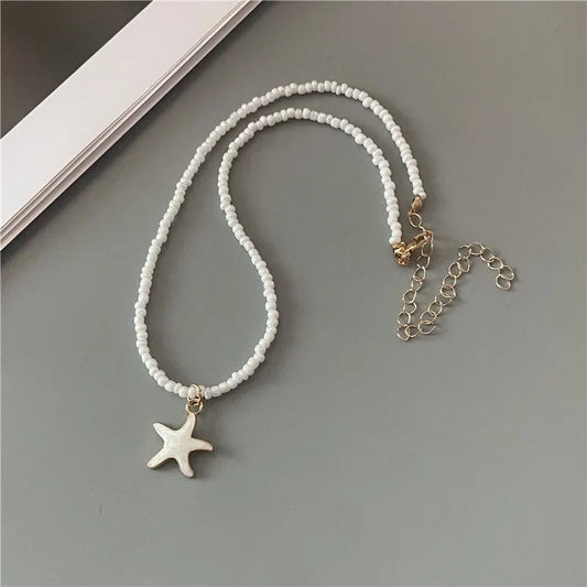 4 Colors Fashion Starfish Choker Necklace for Men Women White Black Blue Colorful Rice Beads Gift for Friend Short Collar