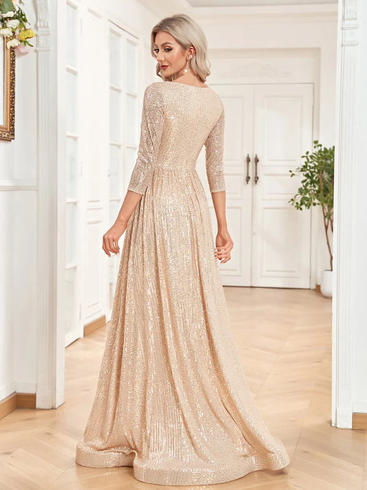 Vestido de Noite Formal Azul com Lantejoulas Decote V Manga Longa Luxuoso Feminino para Festa de Casamento Baile Formatura Maxi Coquetel