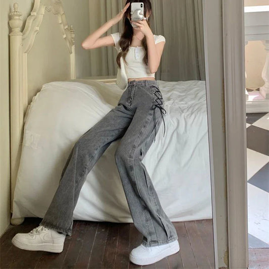 Women Vintage High Waist Straight Denim Pants