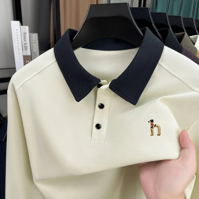 High quality luxury long sleeve polo shirt men's spring autumn new trend brand cute dog embroidery Korean casual lapel T-shirt