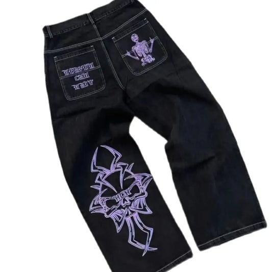 Retro Skull Embroidery Y2K Jeans Mens Hip Hop Washed Baggy Denim Pants New Straight Casual Loose Wide Leg Trouser Streetwear