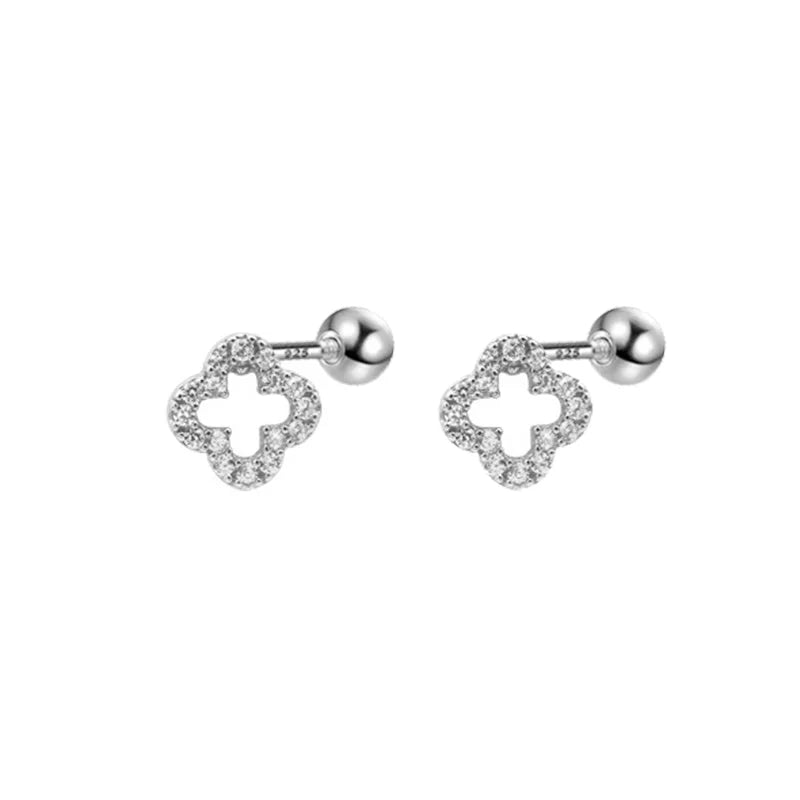 925 Sterling Silver Romantic Full Zircon Flower Screw Bead Stud Earrings for Women Fashion Sweet Party Piercing Jewelry