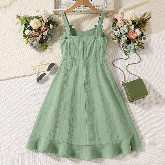 Summer Girl's Dress 8-12 Years Old Cute Bow-Embellished Slip Panel Uneven Hem Sweet Elegant Ladylike Fashion for Kids