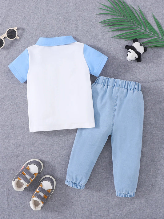 Baby Boy Summer Casual Animal Print Polo Shirt + Jeans Two-Piece Set Infant Clothing Outfit