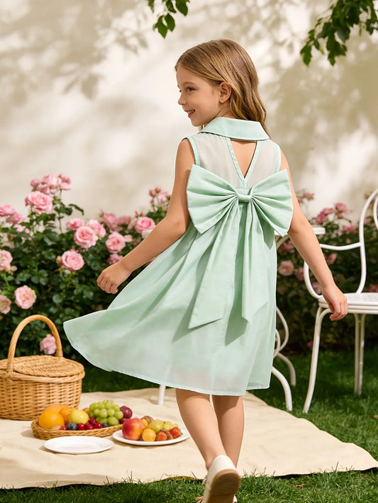 Vestido Meio Aberto com Gola Virada, Sem Mangas, com Laço Grande nas Costas, Estilo Casual Diário, Fresco, de Verão, para Meninas, na Cor Verde, com Decoração de Laço