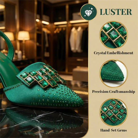 Italian Fashion Design Shoes and Bags Matching Set High Heels green Color Rhinestones Elegant Women Shoes for Party