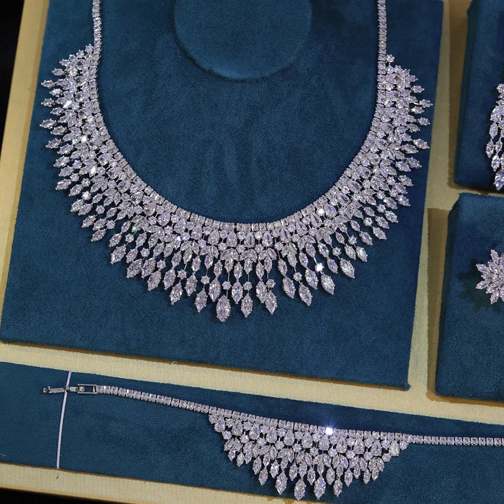 Conjunto de Joias Femininas Folheado a Ouro Branco com Zircônias 5A em Formato de Folha, Brincos e Colar para Casamentos Nupciais, Bijoux Femme Ensemble