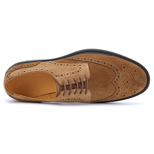 Men's Brogue Suede Leather Shoes, Handmade Carved Lace-up Derby Oxfords, Premium Cow Suede Upper Formal Business Casual Footwear